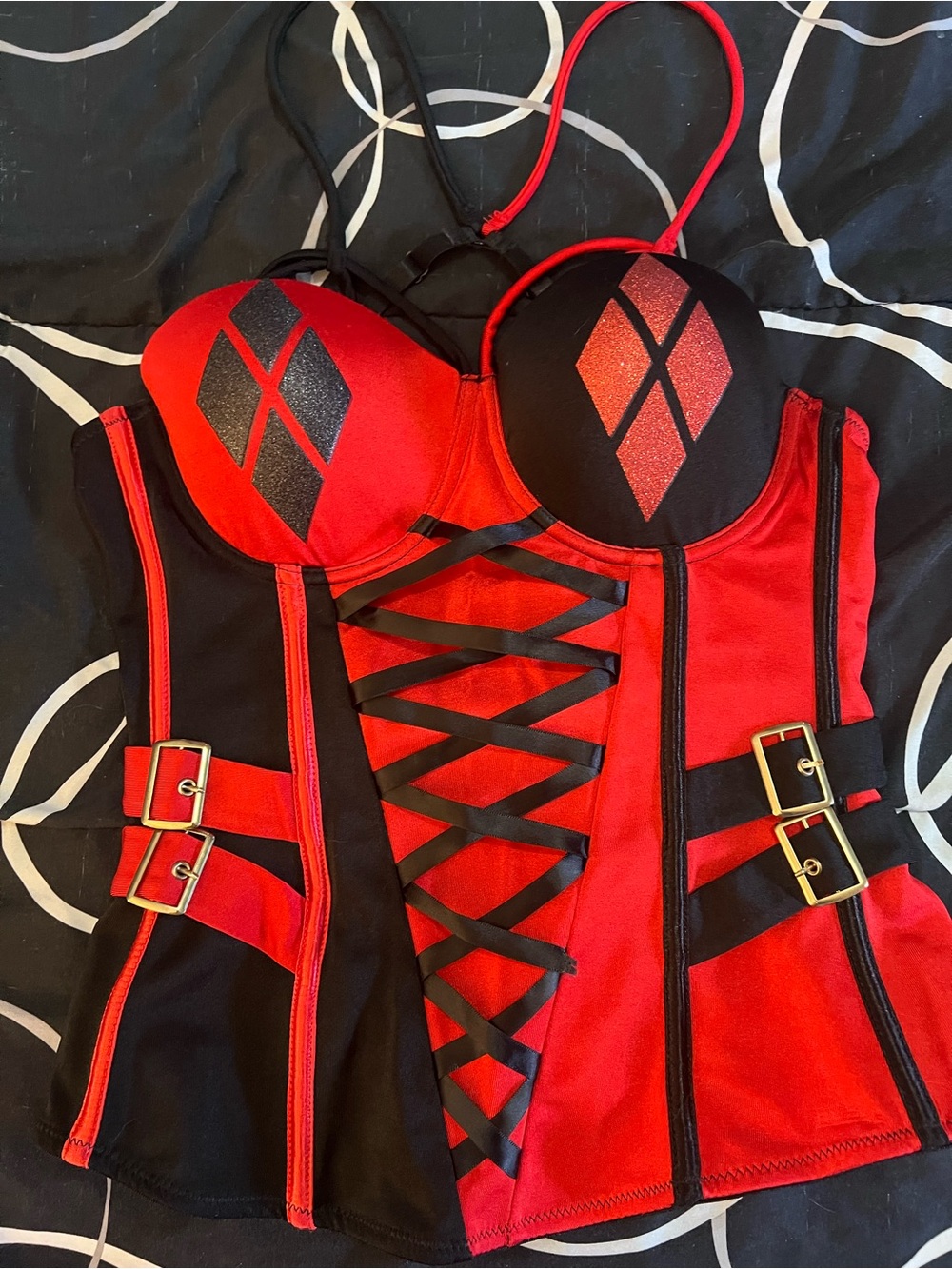 Red and Black Harley Quinn Corset Cosplay Costume Con